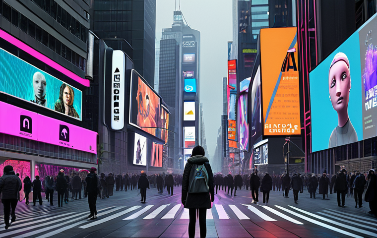 **

A futuristic cityscape with holographic displays showing personalized ads, but also featuring blurred faces and encrypted data streams, representing the tension between AI-driven personalization and privacy protection. The color palette is a mix of vibrant neon colors and muted grays to symbolize the contrast.

**