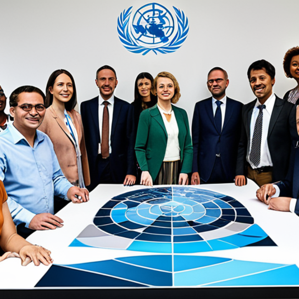 A diverse group of people from around the world working together on a sustainable development project, using AI technology to analyze data and optimize resource allocation, with the UN logo subtly visible in the background. The image should convey a sense of hope and collaboration.