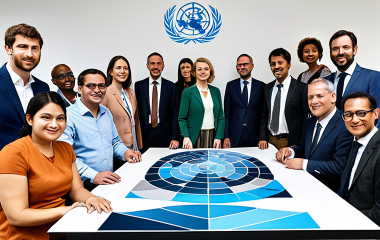 A diverse group of people from around the world working together on a sustainable development project, using AI technology to analyze data and optimize resource allocation, with the UN logo subtly visible in the background. The image should convey a sense of hope and collaboration.
