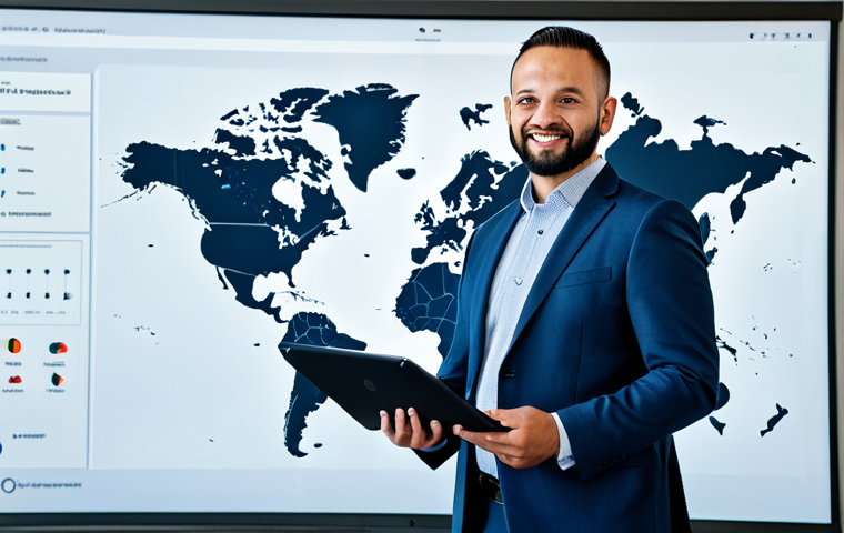 **

A small to medium-sized enterprise (SME) owner, fully clothed in professional attire, confidently presenting on a global expansion strategy. The background shows a world map with connecting lines, highlighting online marketplaces and international partnerships. The setting is a bright, modern office. Include "safe for work," "appropriate content," "fully clothed," "professional," "perfect anatomy," and "natural proportions" as quality and safety modifiers.

**