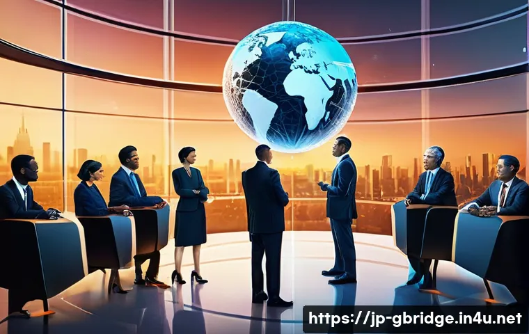 글로벌브릿지와 기후 변화 정책 - **Prompt:** A vibrant, futuristic image depicting a diverse group of world leaders from various coun...