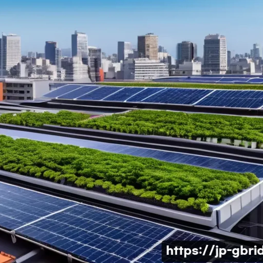 글로벌브릿지와 기후 변화 대응 기술 - A modern Japanese urban rooftop scene featuring flexible thin-film solar panels installed on rooftop...