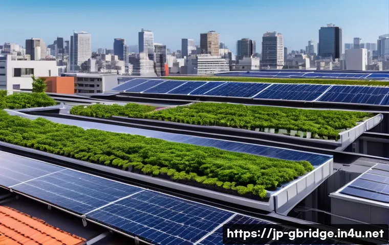 글로벌브릿지와 기후 변화 대응 기술 - A modern Japanese urban rooftop scene featuring flexible thin-film solar panels installed on rooftop...