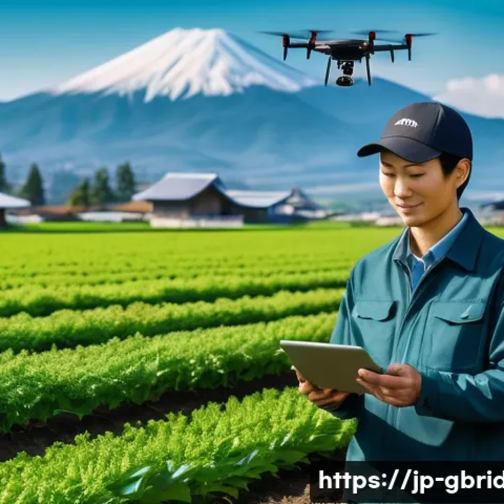 글로벌브릿지와 식량 안전 - A modern Japanese smart farm scene under a bright blue sky, featuring a farmer in casual work clothe...