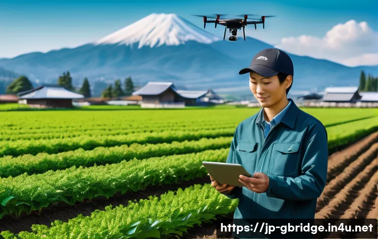 글로벌브릿지와 식량 안전 - A modern Japanese smart farm scene under a bright blue sky, featuring a farmer in casual work clothe...