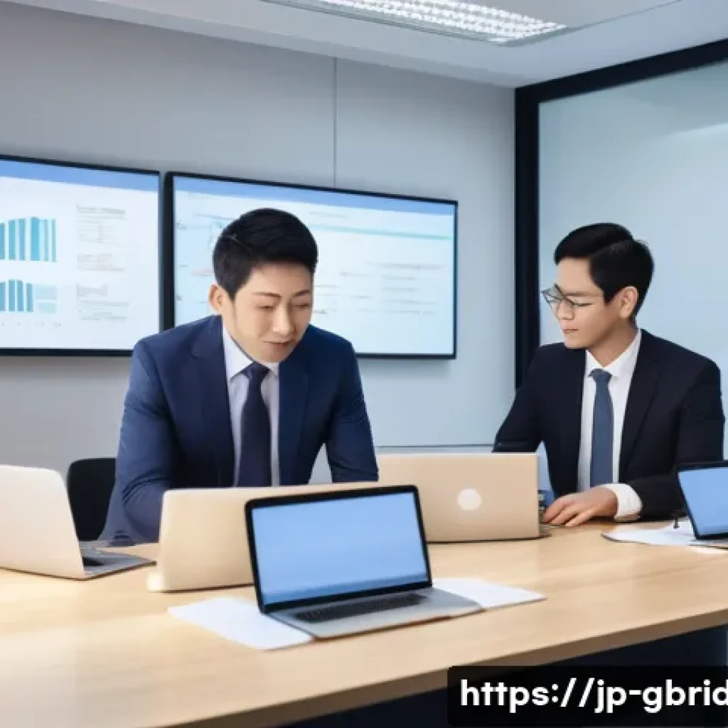 글로벌브릿지와 중소기업 지원 - A modern Japanese small business office environment showing a diverse team of professionals collabor...