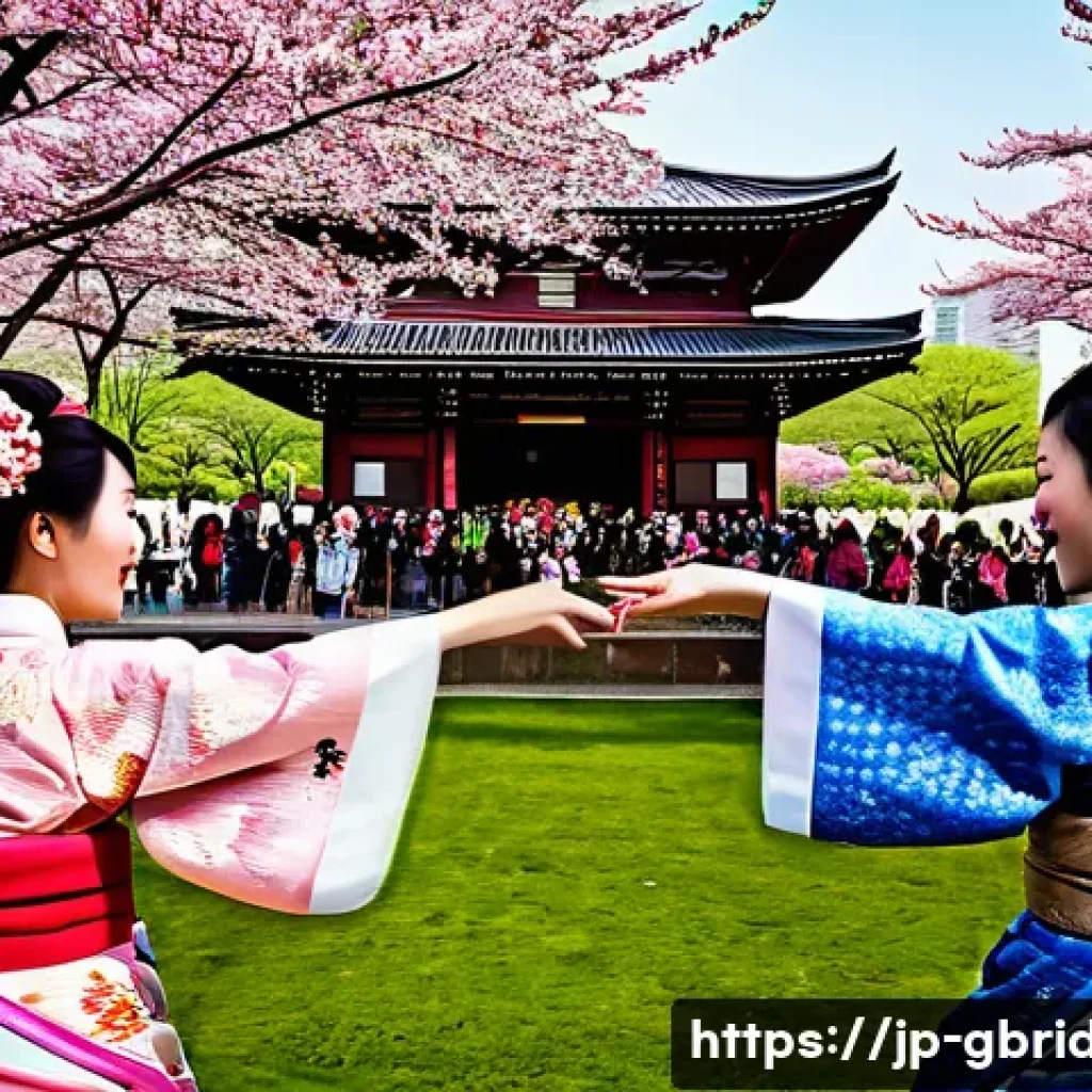 글로벌브릿지와 문화 교류 - A vibrant international cultural festival scene in a Japanese urban park during spring, featuring di...