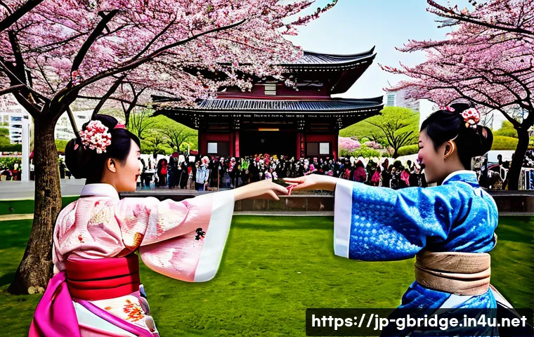 글로벌브릿지와 문화 교류 - A vibrant international cultural festival scene in a Japanese urban park during spring, featuring di...