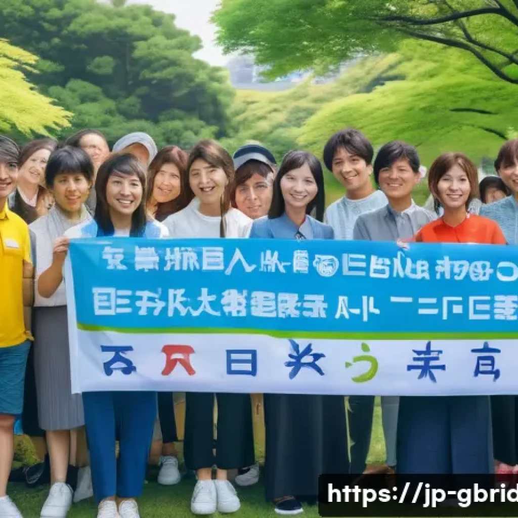 글로벌브릿지와 환경 보호 운동 - A vibrant multicultural environmental cooperation event in an urban park setting in Japan, featuring...