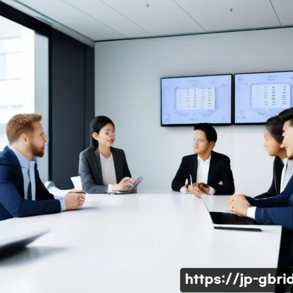 글로벌브릿지 정의 - A diverse group of international business professionals in a modern conference room, engaged in a li...