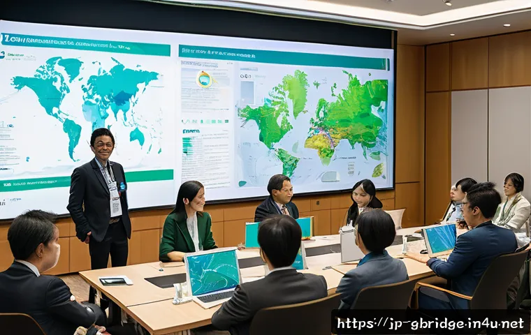 글로벌브릿지 정책 - A vibrant international forum scene showing diverse professionals from various countries engaging in...