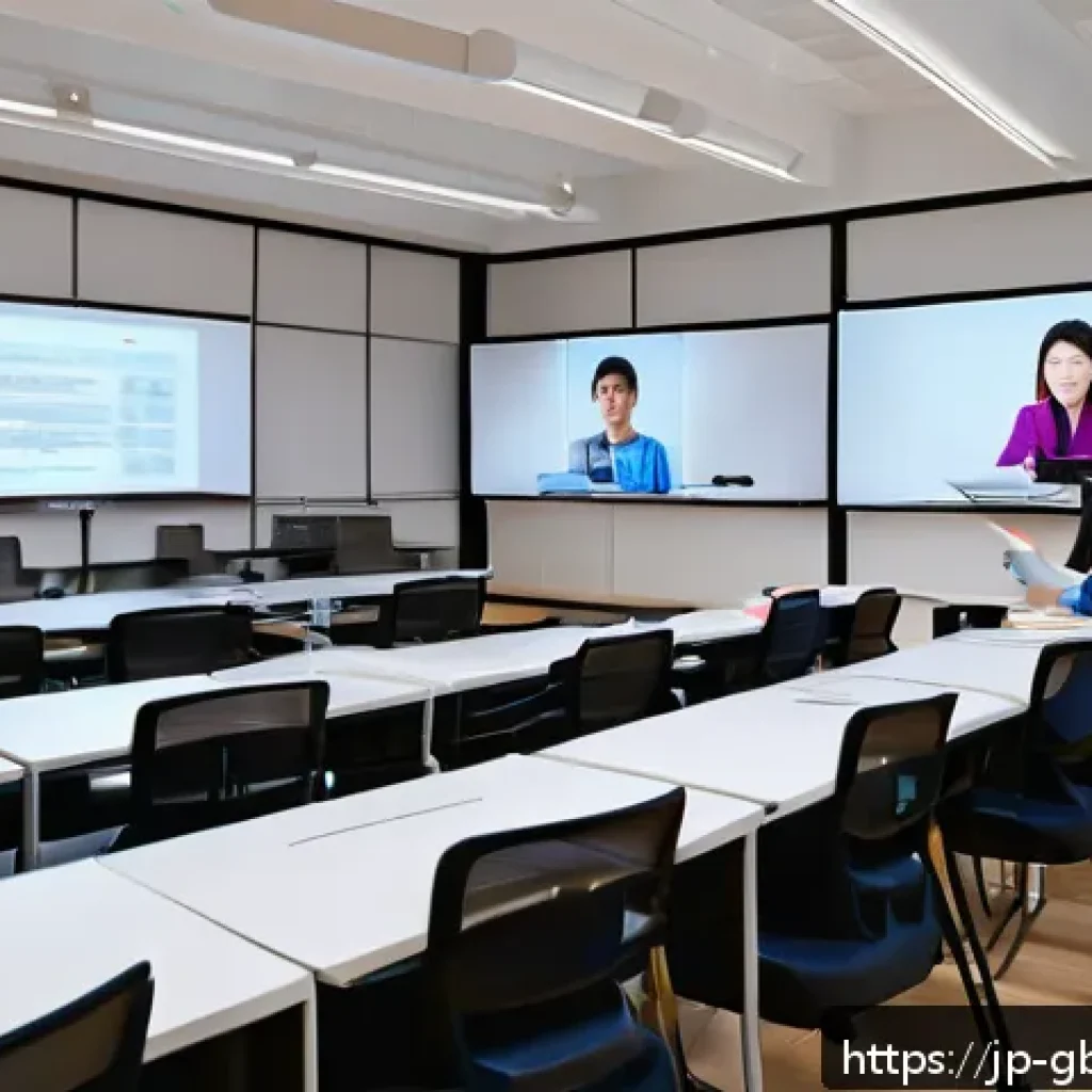 글로벌브릿지와 디지털 교육 - A modern online classroom scene featuring diverse Japanese students interacting via high-resolution ...