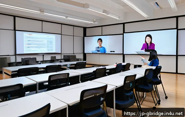 글로벌브릿지와 디지털 교육 - A modern online classroom scene featuring diverse Japanese students interacting via high-resolution ...