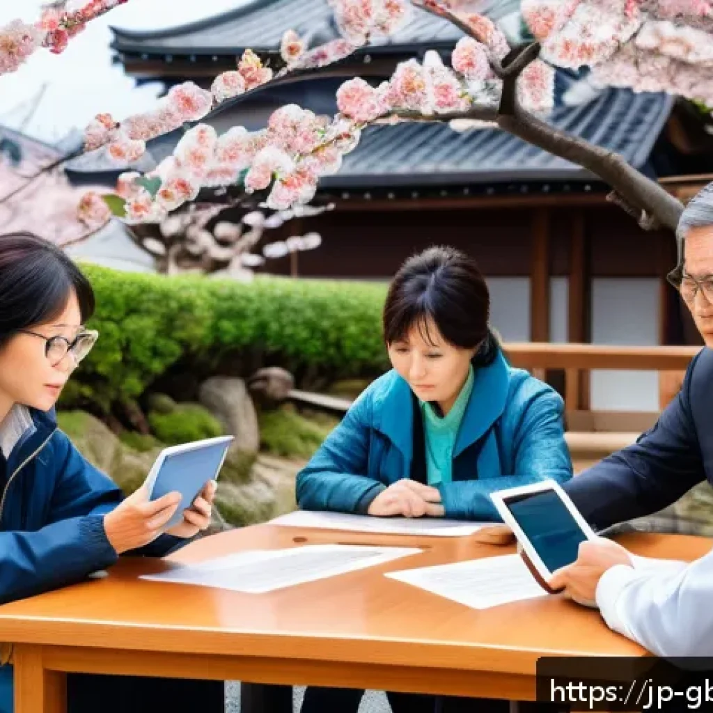 글로벌브릿지와 자연 재해 대응 - A vibrant community disaster preparedness workshop scene set in a modern Japanese town, featuring di...