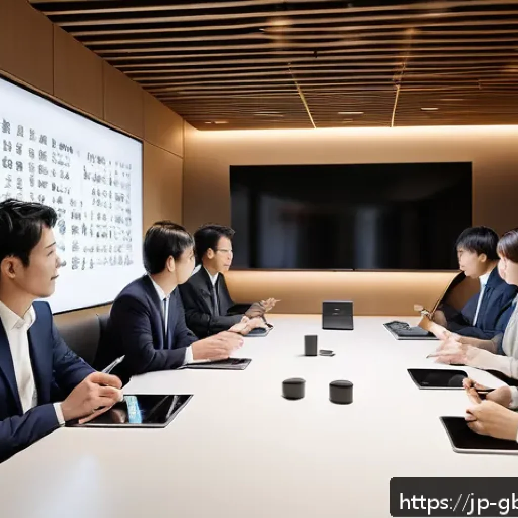 글로벌브릿지와 언어 장벽 극복 - A modern Japanese business meeting room with diverse professionals using advanced smart translation ...