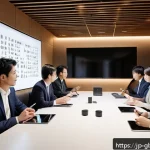 글로벌브릿지와 언어 장벽 극복 - A modern Japanese business meeting room with diverse professionals using advanced smart translation ...