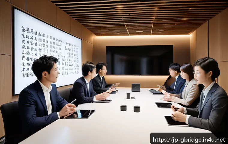 글로벌브릿지와 언어 장벽 극복 - A modern Japanese business meeting room with diverse professionals using advanced smart translation ...