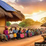 글로벌브릿지와 제3세계 국가 지원 - A vibrant East African village scene at sunset, showcasing local residents using smartphones and mob...