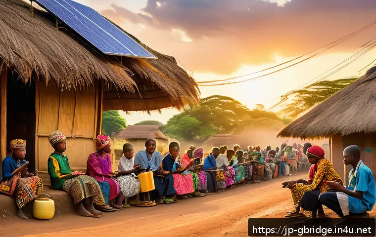 글로벌브릿지와 제3세계 국가 지원 - A vibrant East African village scene at sunset, showcasing local residents using smartphones and mob...