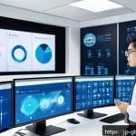 글로벌브릿지와 글로벌 공급망 구축 - A futuristic supply chain control room with multiple digital screens displaying real-time IoT sensor...