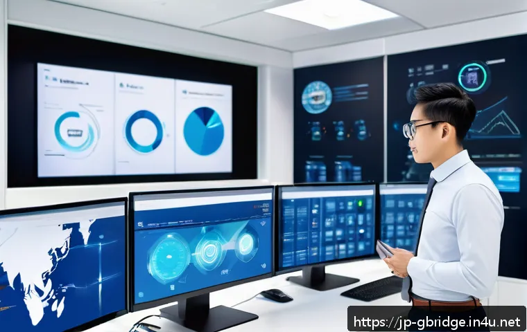 글로벌브릿지와 글로벌 공급망 구축 - A futuristic supply chain control room with multiple digital screens displaying real-time IoT sensor...