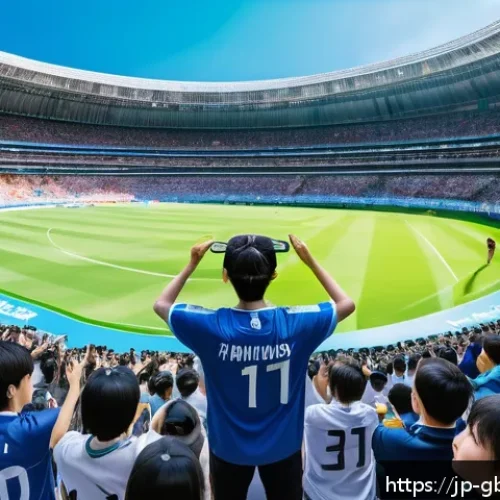 글로벌브릿지와 스포츠 산업 - A vibrant sports stadium scene viewed through VR technology, showing a diverse crowd of enthusiastic...