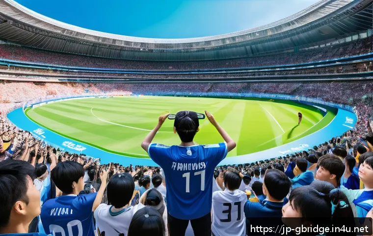 글로벌브릿지와 스포츠 산업 - A vibrant sports stadium scene viewed through VR technology, showing a diverse crowd of enthusiastic...