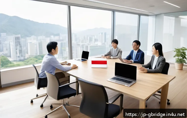 글로벌브릿지 협력 사례 - A diverse multicultural team engaged in a collaborative meeting in a modern office setting, featurin...